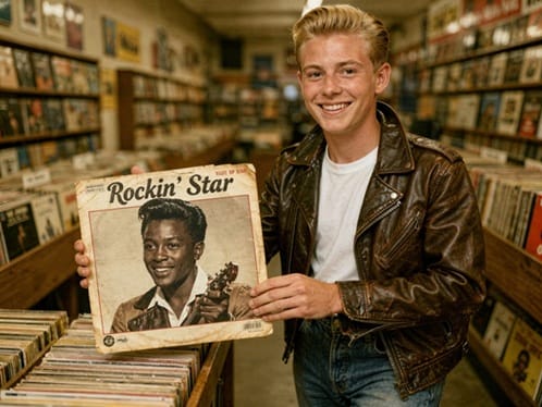 Joven blanco comprando un disco de Little Richard