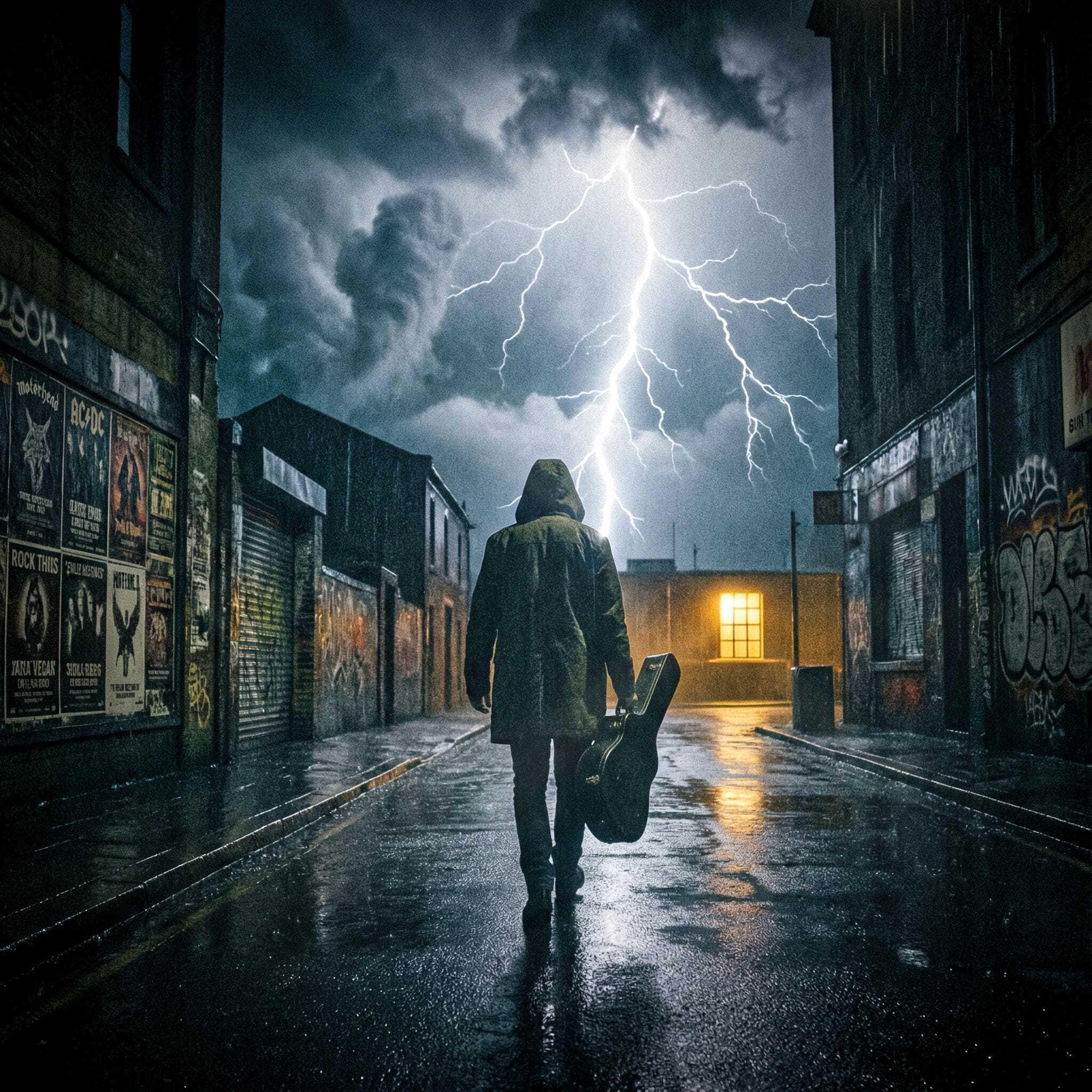 Tormenta realista, exagerada. Hombre de espaldas caminando, alejándose