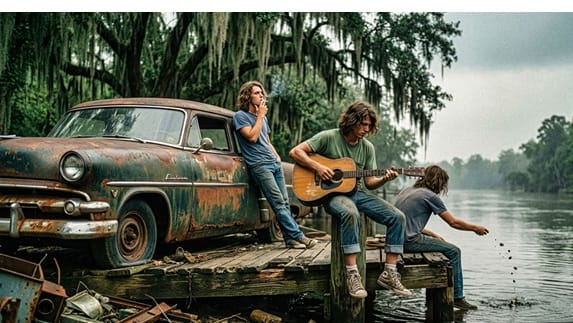 Jóvenes dejando pasar el tiempo en un entorno pantanoso. Años 50-60.