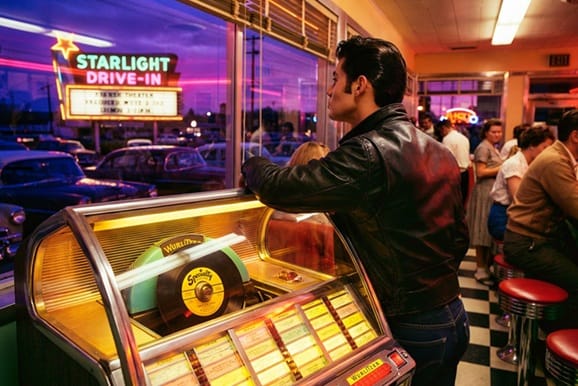 Joven escuchando música en una jukebox de un bar