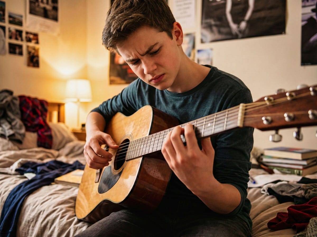 Joven aprendiendo a tocar la guitarra