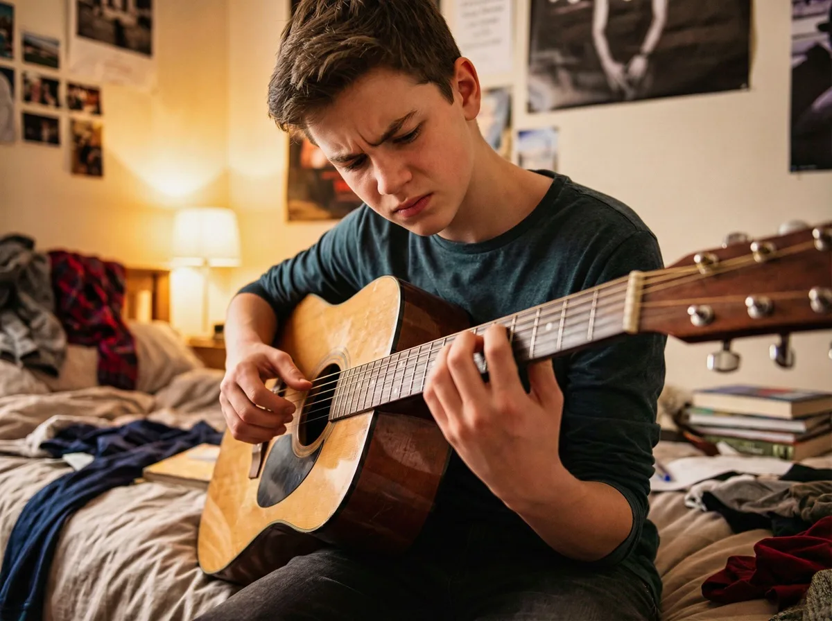 Joven aprendiendo a tocar la guitarra, pero no le sale bien