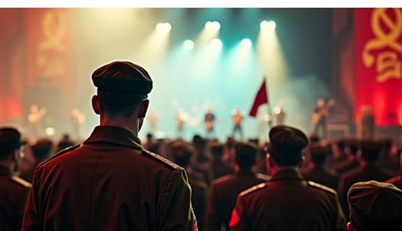 Soldados viendo el concierto . IA